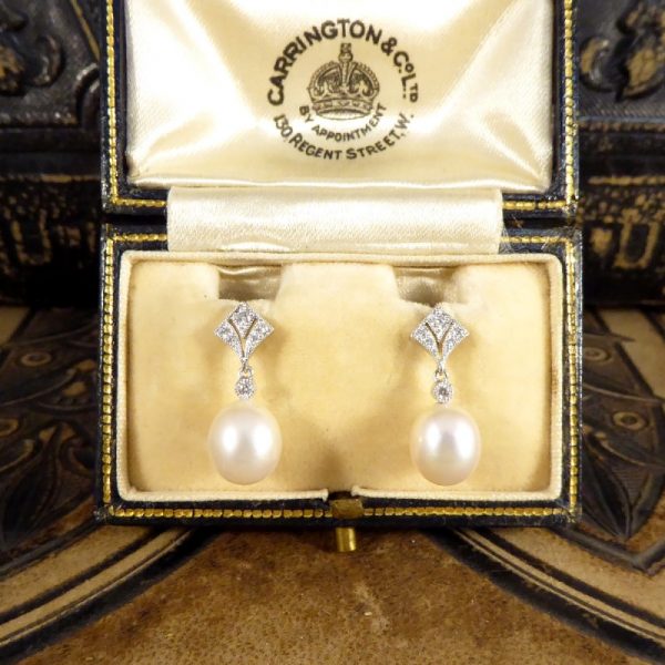 Art Deco Period Replica Diamond Set Pearl Drop Earrings