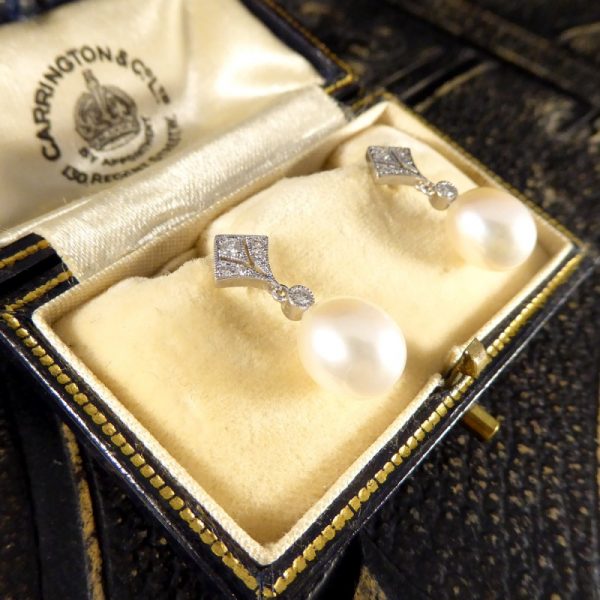 Art Deco Period Replica Diamond Set Pearl Drop Earrings