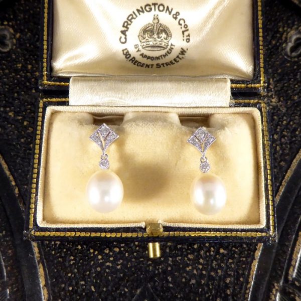 Art Deco Period Replica Diamond Set Pearl Drop Earrings