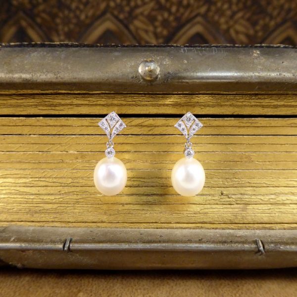 Art Deco Period Replica Diamond Set Pearl Drop Earrings