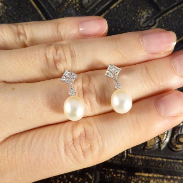 Art Deco Period Replica Diamond Set Pearl Drop Earrings