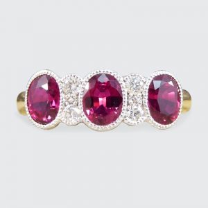 Burma Ruby 1.48ct Three Stone Ring with Diamond Spacers