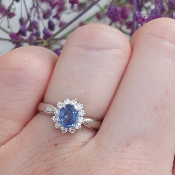 Cornflower Blue Sapphire and Diamond Cluster Ring