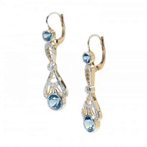 Antique Style Aquamarine and Diamond Drop Earrings