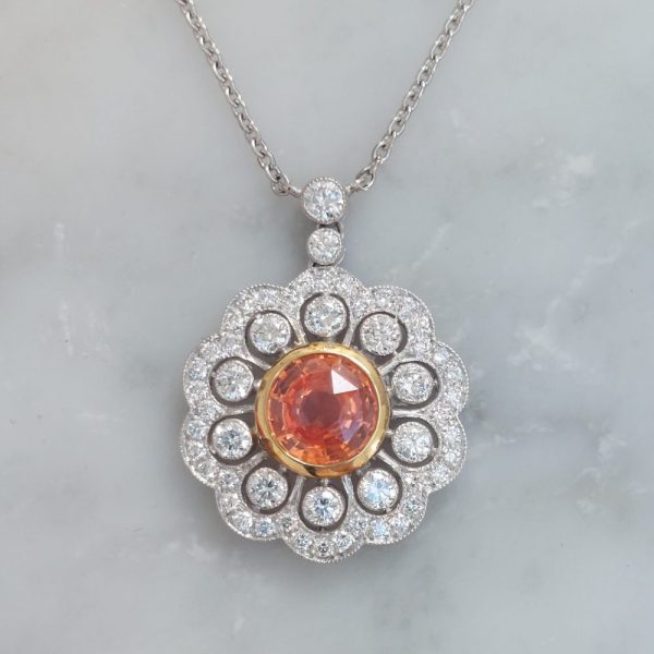 Edwardian Style Orange Sapphire and Diamond Pendant Necklace