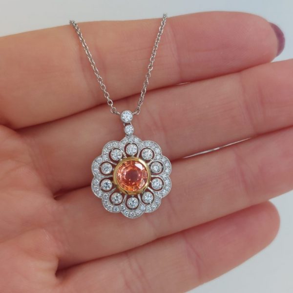 Edwardian Style Orange Sapphire and Diamond Pendant Necklace