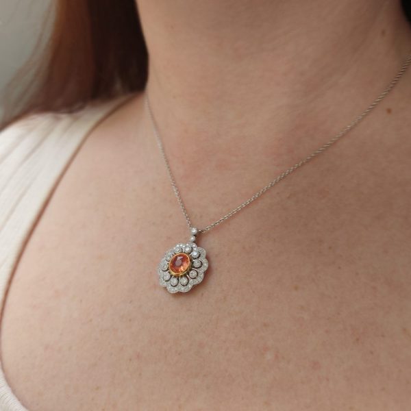 Edwardian Style Orange Sapphire and Diamond Pendant Necklace