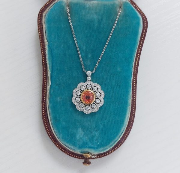 Edwardian Style Orange Sapphire and Diamond Pendant Necklace