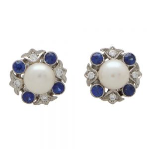 Sapphire Diamond and Pearl Cluster Stud Earrings