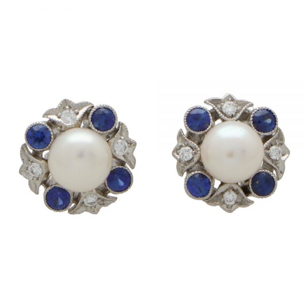Sapphire Diamond and Pearl Cluster Stud Earrings
