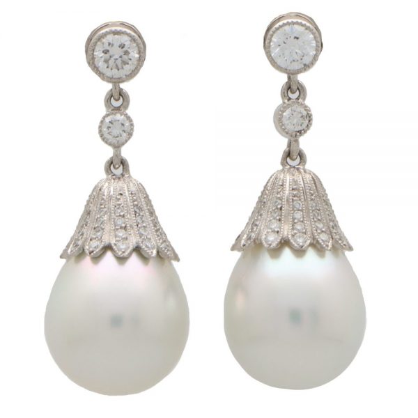 Art Deco Inspired Akoya Pearl and Diamond Drop Earrings
