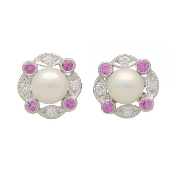 pink sapphire diamond and pearl earrings