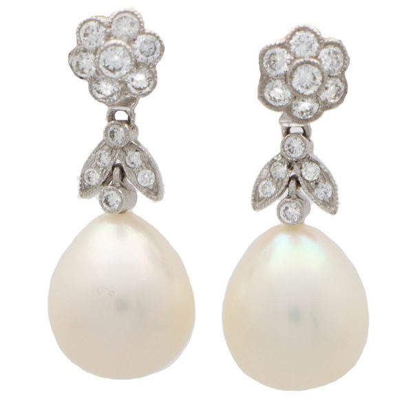 pearl and diamond earrings floral top cluster