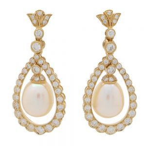 Pearl and Diamond Cluster Drop Earrings in 18ct Yellow Gold