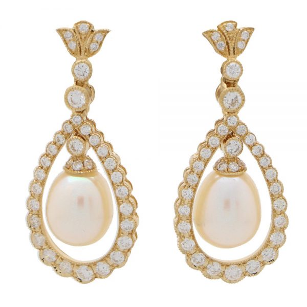 Pearl and Diamond Cluster Drop Earrings in 18ct Yellow Gold