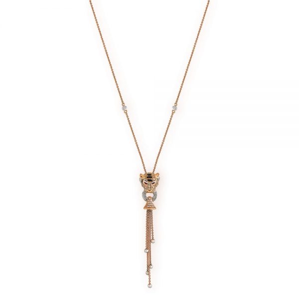 18ct Rose Gold Diamond Tigers Head Pendant Necklace with Rubies Enamel