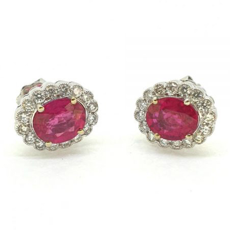 1.63ct Ruby and Diamond Oval Cluster Stud Earrings