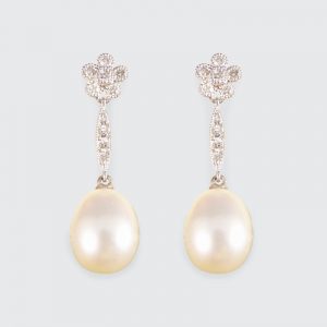 Pearl and Daisy Cluster Diamond Set Long Drop Earrings 