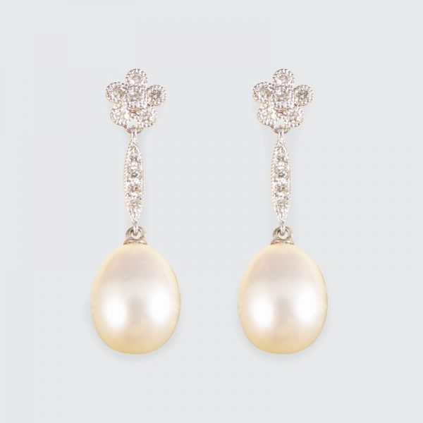 Pearl and Daisy Cluster Diamond Set Long Drop Earrings 