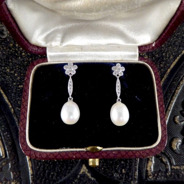 Pearl and Daisy Cluster Diamond Set Long Drop Earrings 