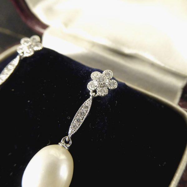 Pearl and Daisy Cluster Diamond Set Long Drop Earrings 