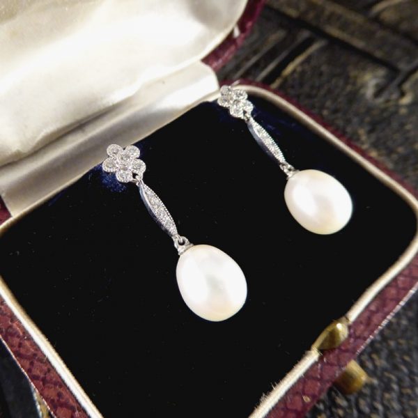 Pearl and Daisy Cluster Diamond Set Long Drop Earrings 