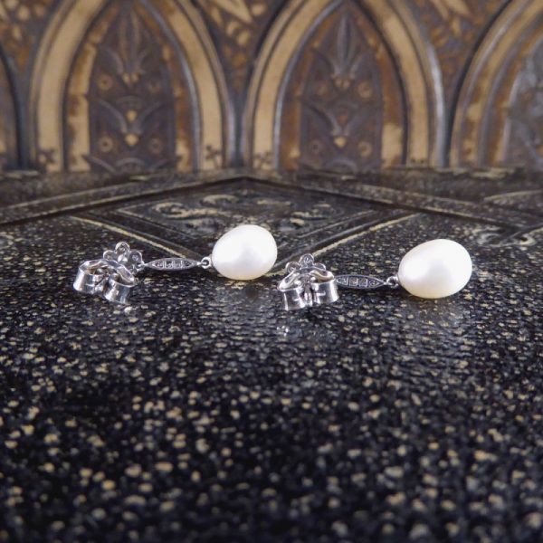 Pearl and Daisy Cluster Diamond Set Long Drop Earrings 