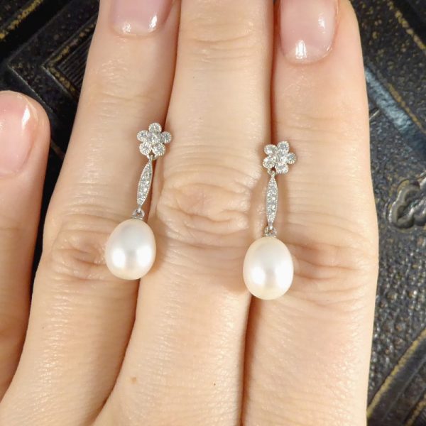 Pearl and Daisy Cluster Diamond Set Long Drop Earrings 