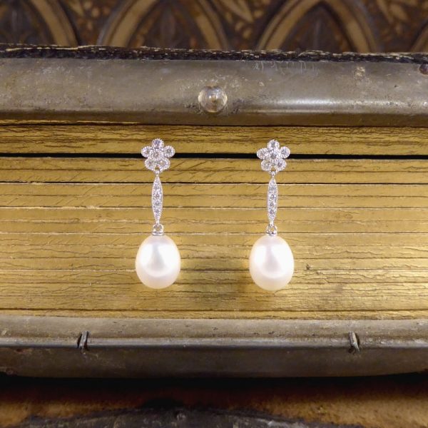 Pearl and Daisy Cluster Diamond Set Long Drop Earrings 