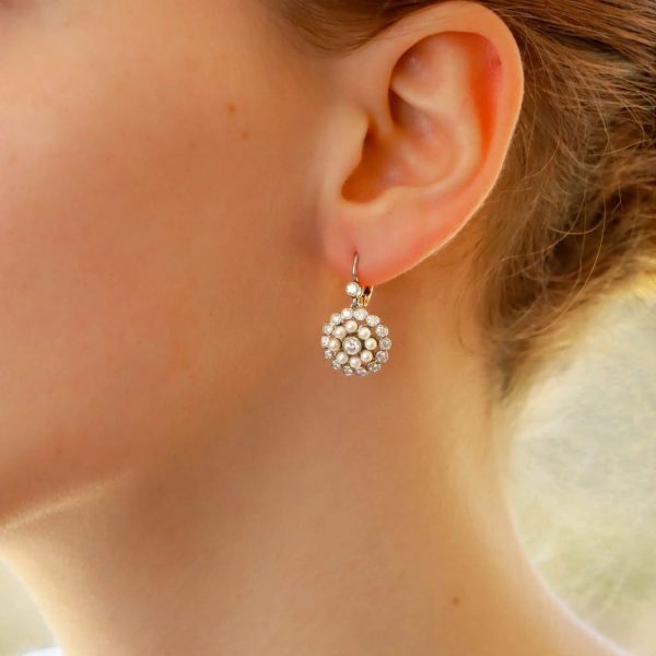 Seed Pearl and Diamond Cluster Drop Earrings