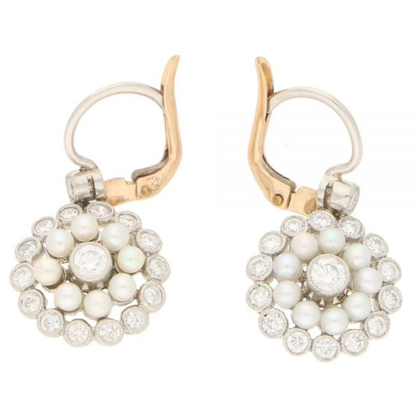 Seed Pearl and Diamond Cluster Drop Earrings lever back fittings