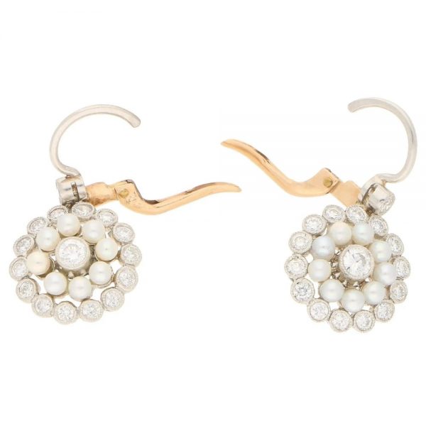 Diamond and Pearl Cluster Drop Earrings lever back fittings