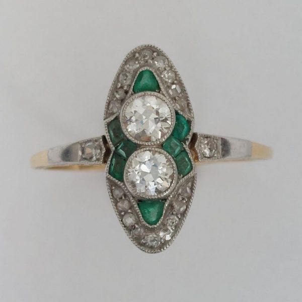 Two Stone Diamond and Emerald Navette Cluster Plaque Ring