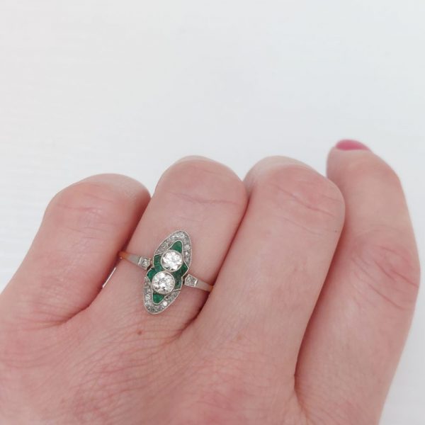 Two Stone Diamond and Emerald Navette Ring