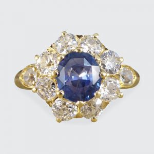 Victorian Antique 1ct Sapphire and 1.50ct Diamond Cluster Ring