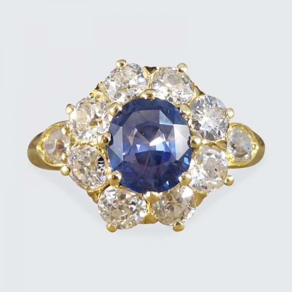 Victorian Antique 1ct Sapphire and 1.50ct Diamond Cluster Ring