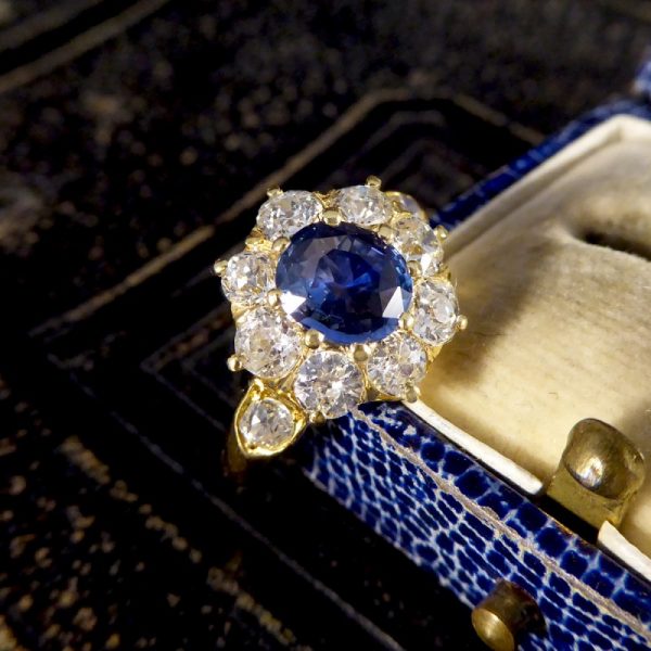 Victorian Antique 1ct Sapphire and 1.50ct Diamond Cluster Ring