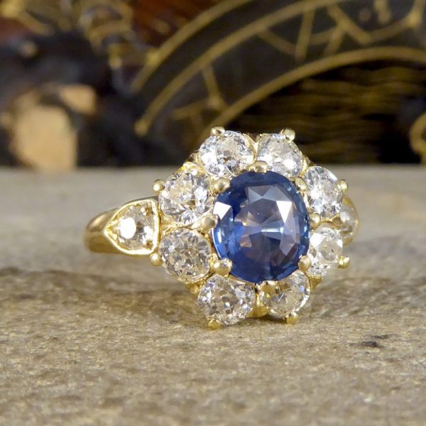 Victorian Antique 1ct Sapphire and 1.50ct Diamond Cluster Ring