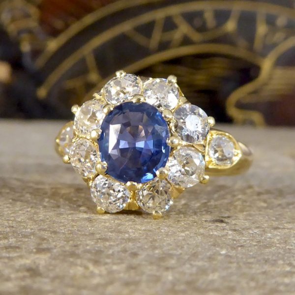 Victorian Antique 1ct Sapphire and 1.50ct Diamond Cluster Ring