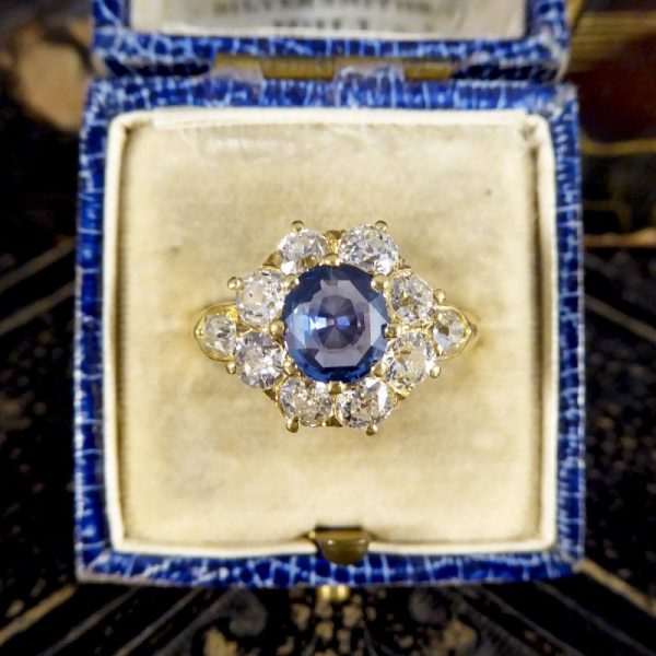 Victorian Antique 1ct Sapphire and 1.50ct Diamond Cluster Ring