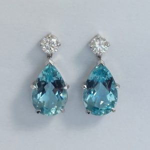 Vintage 8cts Pear Cut Aquamarine and Diamond Drop Earrings