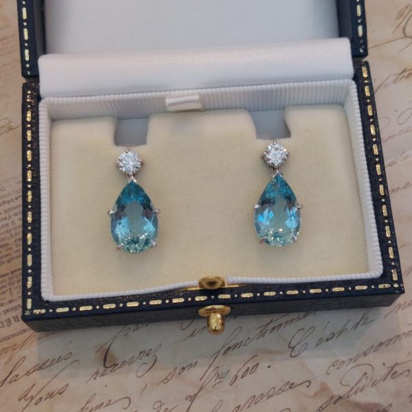 Vintage 8cts Pear Cut Aquamarine and Diamond Drop Earrings