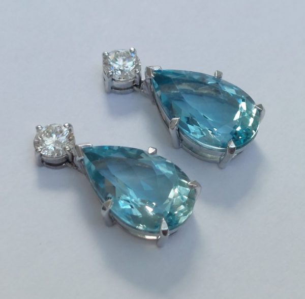 Vintage 8cts Pear Cut Aquamarine and Diamond Drop Earrings