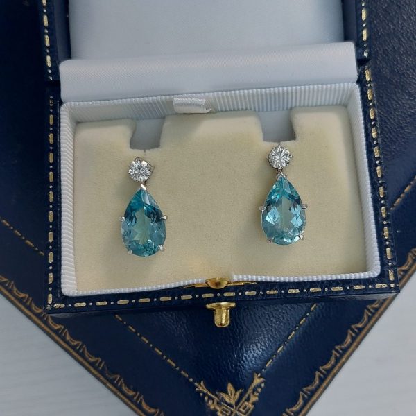 Vintage 8cts Pear Cut Aquamarine and Diamond Drop Earrings