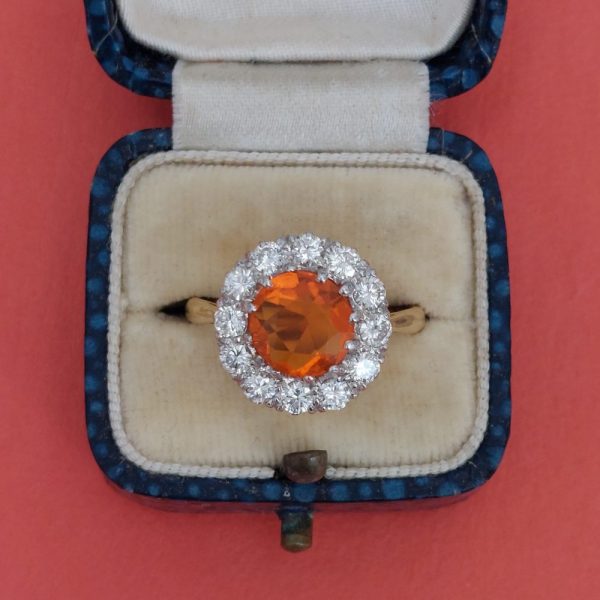 Vintage Fire Opal and Diamond Cluster Ring