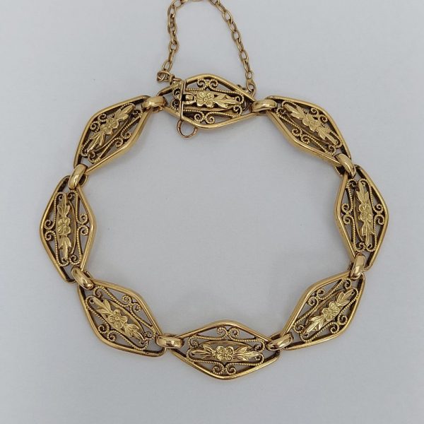 Vintage French Openwork Scroll Link Gold Bracelet