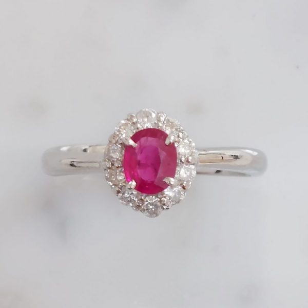 Vintage Oval Ruby and Diamond Cluster Platinum Ring