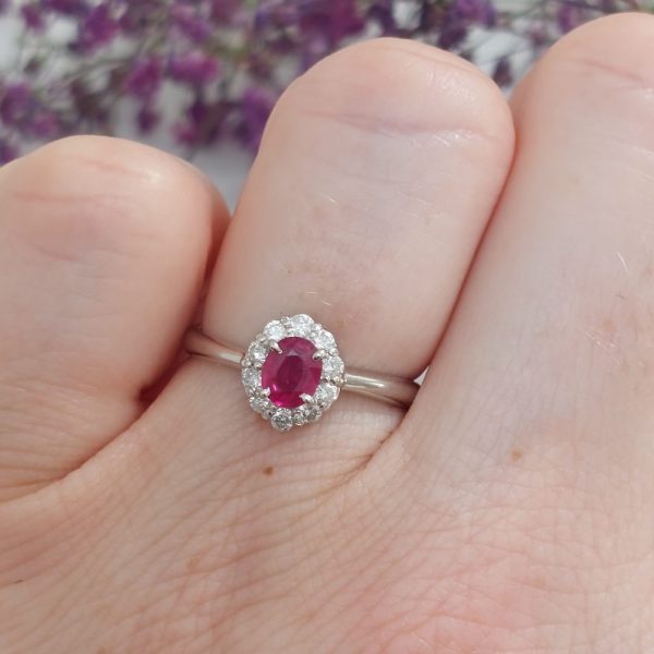 Vintage Oval Ruby and Diamond Cluster Platinum Ring