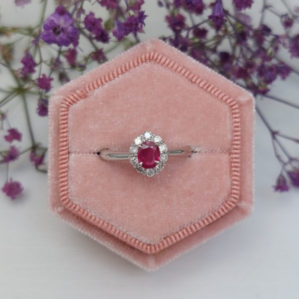 Vintage Oval Ruby and Diamond Cluster Platinum Ring