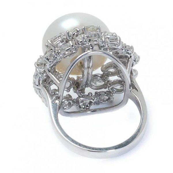 Platinum South Sea Pearl 3cts Diamond Cluster Ring Pear Marquise Eight Brilliant Cut